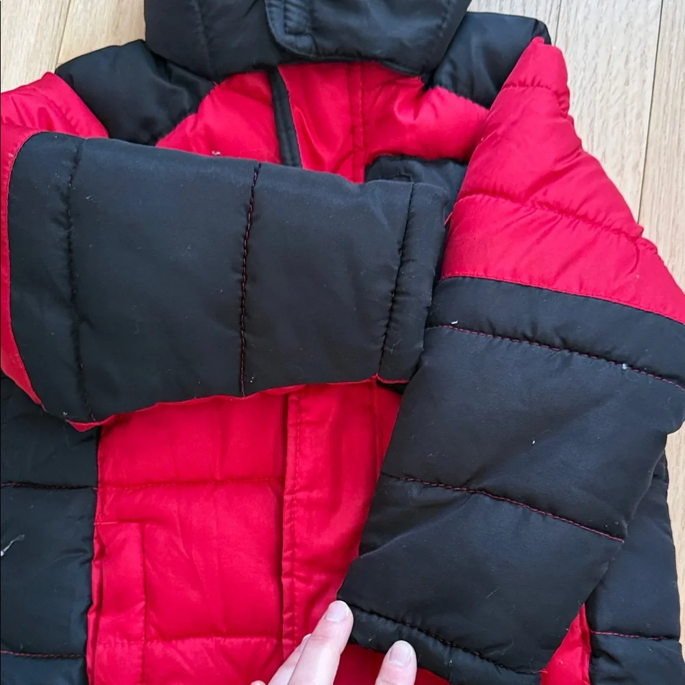 Vertical ‘9 Toddler Red and Black Hooded Fleeced Lined Puffer Jacket with Logo